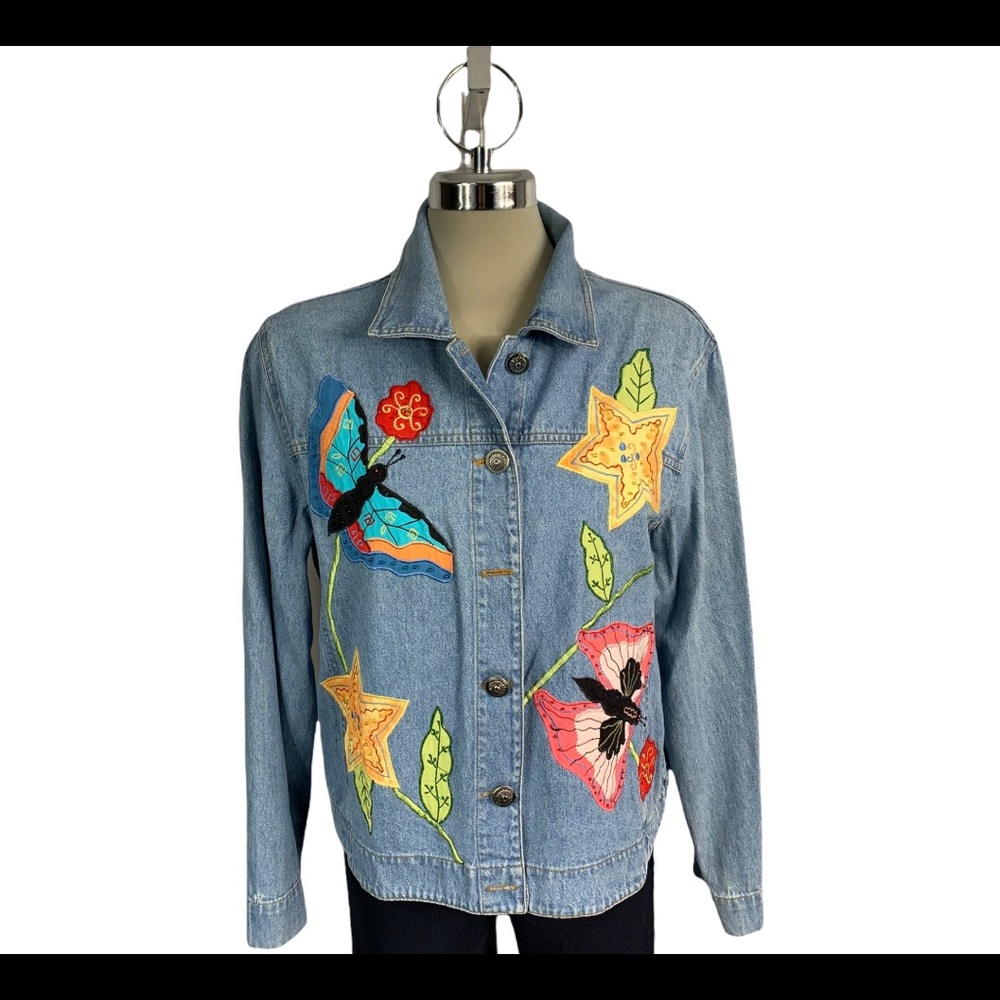 Vintage Bohemian White Stag,Embroidery Denim Jacket, Size M